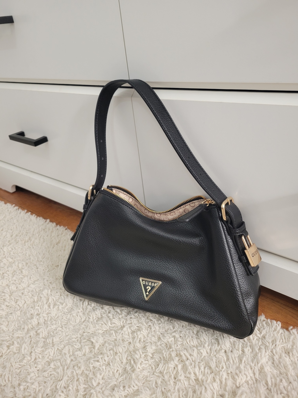 Guess Black Pebbled Leather Shoulder Bag with Gold Accents